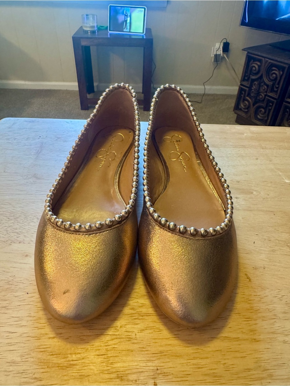 Jessica Simpson Metallic Gold Pearl-Trim Ballet Flats